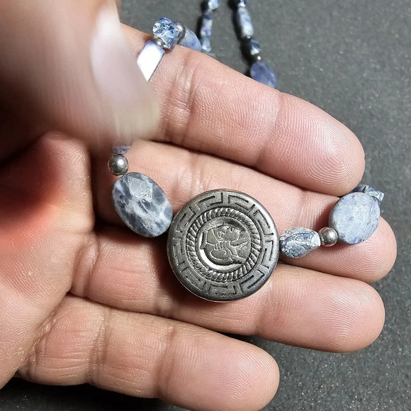 Blue Jasper Beaded Necklace With Silver Tone Greek Key Motif Center Bead 30 In o - Picture 3 of 8